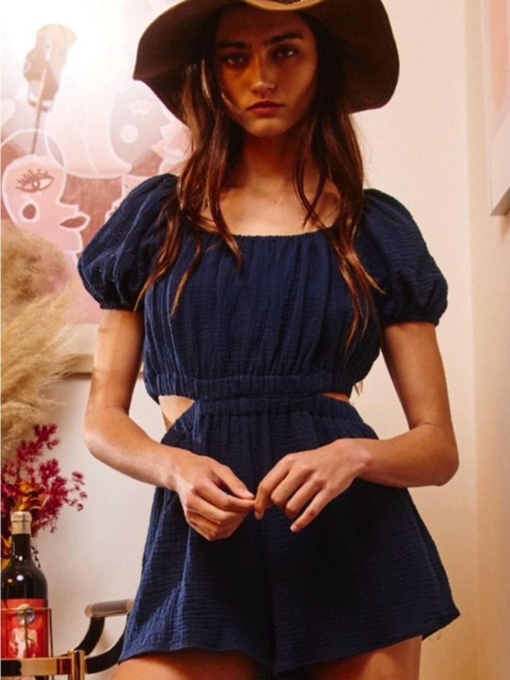 BUCKETLIST Navy Blue Cotton Romper with Puff Sleeves, Size Medium w/pockets